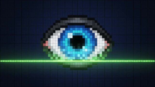 Retro Pixel Art Blue Eye Biometric Icon Security Digital Authentication Graphics for Futuristic Identification Interface and Cybersecurity Video Game Software in 4K Resolution Background