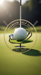 Fototapeta premium Premium golf club emblem with ball and green field background