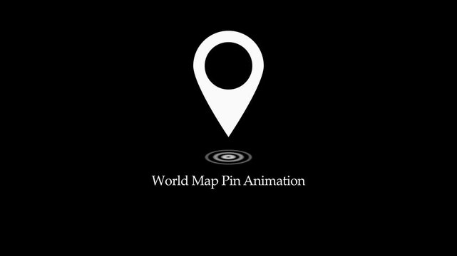 Animated white world map pin icon with pulsing radar on black background for navigation placement GPS location tracking and app UI UX design.