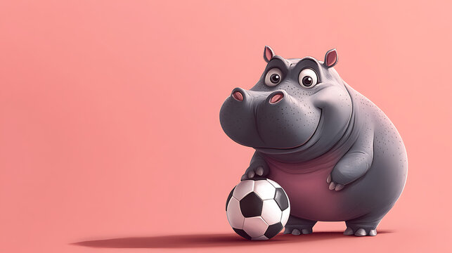  Cute cartoon hippo with soccer ball on pink background