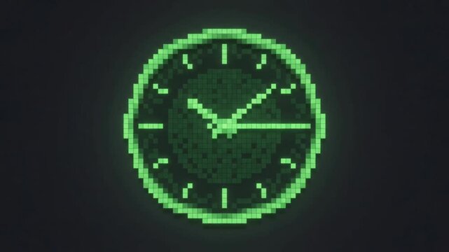 Retro 8-bit pixel art animation featuring a vibrant neon green wall clock with glowing hands ticking in a seamless loop for gaming backgrounds or digital nostalgic aesthetic