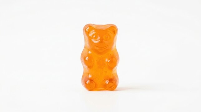 Single orange gummy bear candy isolated on white background