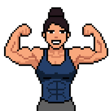 Powerful Front-Facing Strong Woman Flexing Double Biceps Grinning Face Pixel Art Vector Illustration