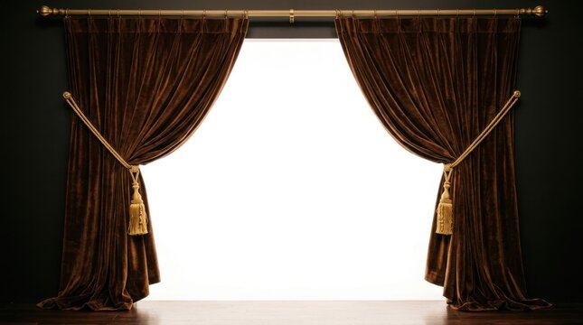 Elegant brown velvet curtains with gold tassels on a dark background