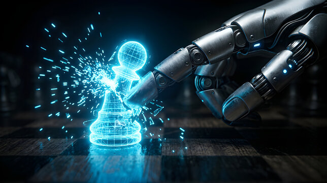Macro realistic photo of a cybernetic finger flicking a glowing neon blue holographic chess pawn on a dark board.