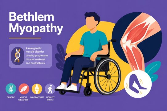 Bethlem Myopathy Medical Infographic, Rare Genetic Muscle Disorder Symptoms and Wheelchair User Illustration