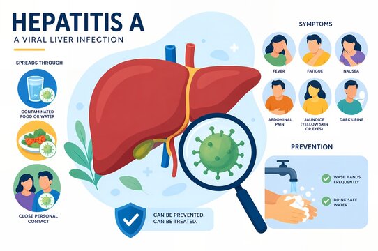 Hepatitis A Medical Infographic, Viral Liver Infection Transmission Symptoms and Prevention Illustration
