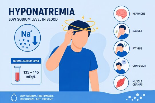 Hyponatremia Medical Infographic, Low Sodium Levels in Blood Symptoms and Electrolyte Imbalance Illustration