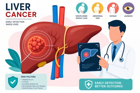 Liver Cancer Medical Infographic, Hepatocellular Carcinoma Symptoms Risk Factors and Oncologist Illustration