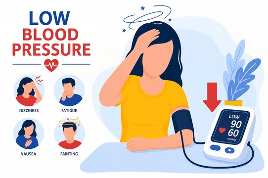 Low Blood Pressure Medical Infographic, Hypotension Symptoms and Digital Sphygmomanometer Monitor Illustration