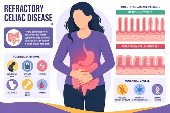Refractory Celiac Disease Medical Infographic, Gluten Free Diet Intestinal Damage Malabsorption Illustration