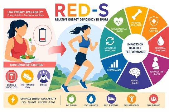 RED-S Relative Energy Deficiency in Sport Infographic, Low Energy Availability Symptoms in Female Athletes Illustration