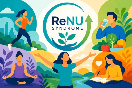 ReNU Syndrome Wellness Concept Infographic, Healthy Lifestyle Nutrition Exercise and Mental Health Illustration