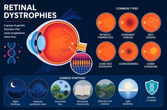 Retinal Dystrophies Medical Infographic, Genetic Eye Disease Vision Loss Anatomy and Symptoms Illustration