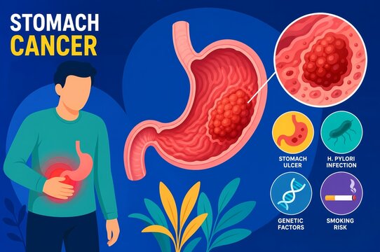 Stomach Cancer Medical Infographic, Gastric Carcinoma Tumor Anatomy and Risk Factors Vector 