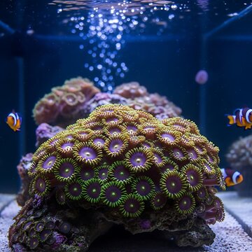 Close up of vibrant green and purple zoanthid coral in an aquarium