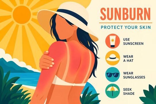 Sunburn Prevention Skin Care Infographic, Sun Safety Tips with Sunscreen and Hat Illustration
