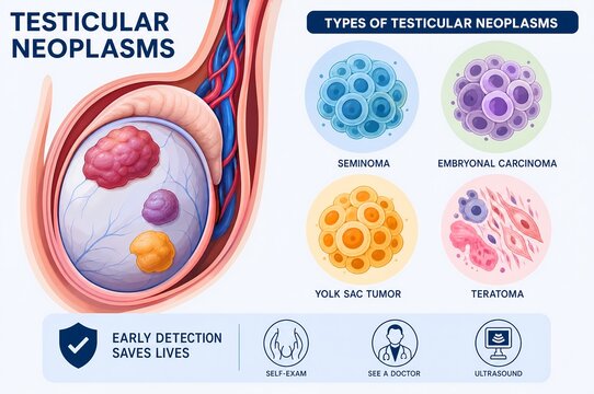Testicular Neoplasms Cancer Types Infographic, Seminoma Teratoma and Male Anatomy Cross Section Illustration