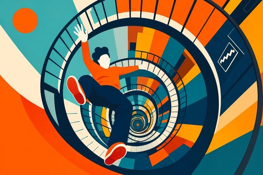 Vertigo Dizziness Concept Illustration, Abstract Spiral Staircase and Falling Person Graphic