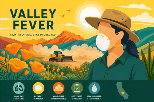 Valley Fever Prevention Public Health Infographic, Coccidioidomycosis Awareness and California Agriculture Illustration