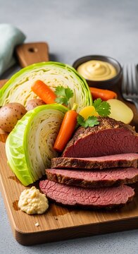 Traditional corned beef with cabbage and vegetables on board