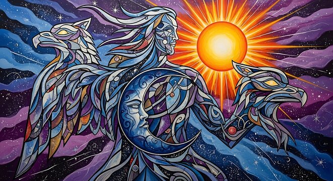 Abstract winged figure with sun and moon mosaic design
