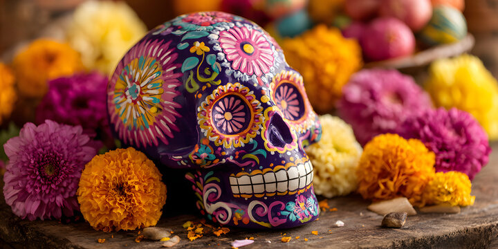 The Day of the Dead celebration features a vibrant La Catrina skull that has been decorated with flowers and traditional patterns.