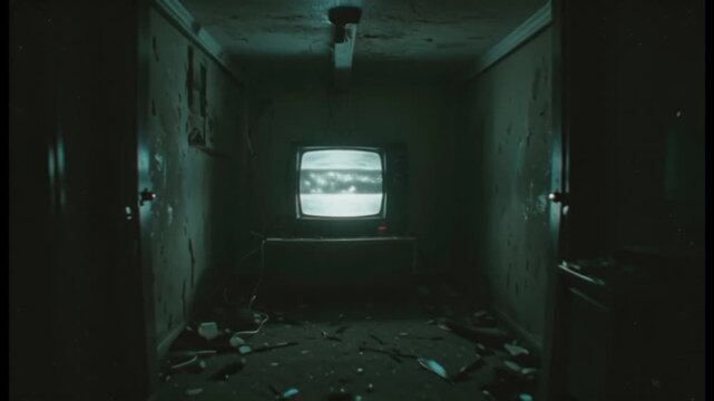 Creepy Abandoned Hallway With Old TV Showing Static, Horror Atmosphere