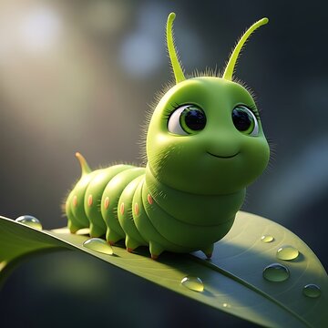 Cute green 3d character caterpillar on a wet leaf