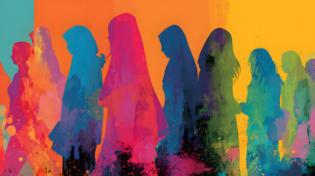 The artistic representation of the 'Journ&eacute;e Internationale des Droits des Femmes' features bright silhouettes