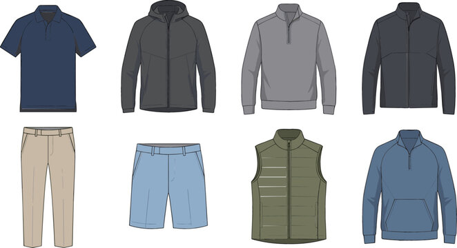 Men Smart Casual Sportswear and Active Golf Clothing Vector Fashion Technical Sketch Set Featuring Polo Shirts Windbreakers Gilet Vests Chino Pants and Shorts