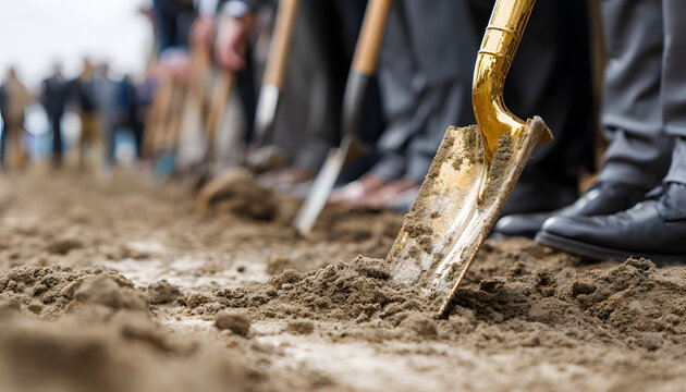 New construction is being marked with golden shovels in dirt. Businessmen in suits attend the groundbreaking ceremony. Real estate investment is now underway.