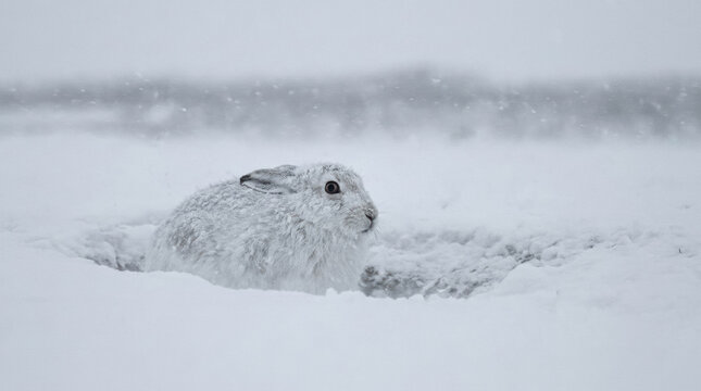 Arctic hare sitting in a snowy field during a winter blizzard. The animal is camouflaged in the cold landscape.