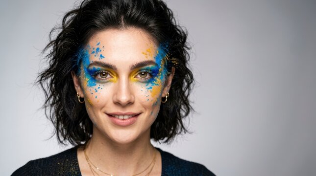 Young woman with artistic face paint. Portrait of a girl with colorful makeup.