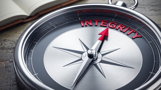 Compass Pointing to Integrity Word on Wooden Background