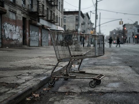Abandoned shopping cart on a gritty urban street sidewalk.