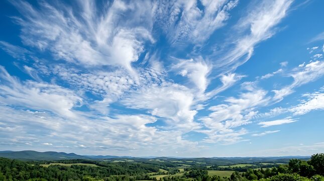 Panoramic view of lush green rolling hills under a majestic blue sky filled with wispy white clouds