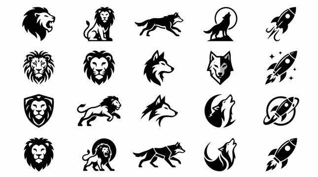 Professional minimalist lion wolf and rocket ship vector logo collection
