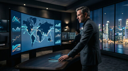 Fototapeta premium Logistics optimization manager tracking maritime global shipping network anomalies on big screen, cargo distribution risk dashboard, dark corporate command center