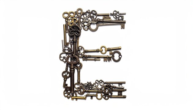 Antique Keys Clustered Forming Letter E on White Background
