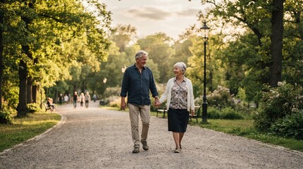 Fototapeta premium Elderly couple holding hands walking in a park during sunset.