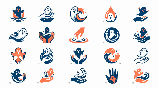Twenty unique minimalist ghost logo designs with hands and waves