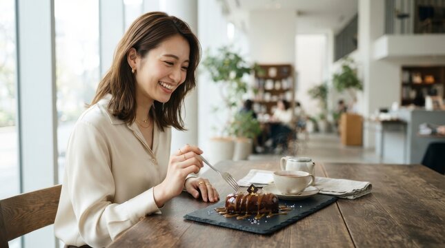 Happy woman eating cake in a cafe. Female customer enjoying dessert at a coffee shop.