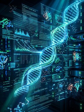 Futuristic DNA helix glowing with scientific data and charts.