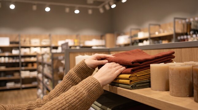 Close-up of hands choosing folded fabrics in a well-lit store