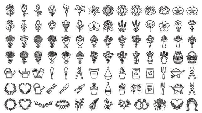 Flowers and gardening tools are depicted in a comprehensive set of linear icons for botanical design projects.