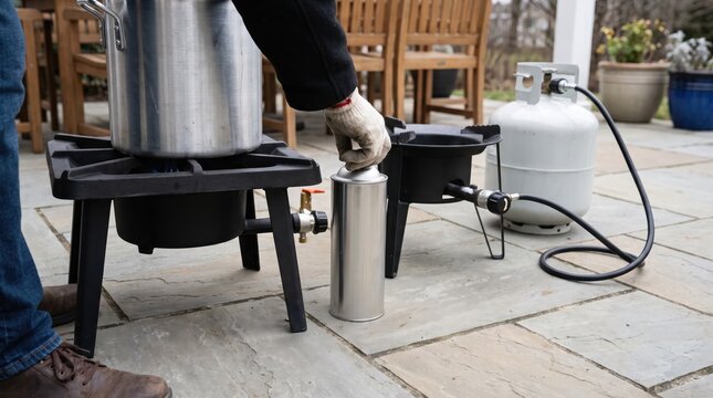 Outdoor cooking setup with portable gas stove and propane tank