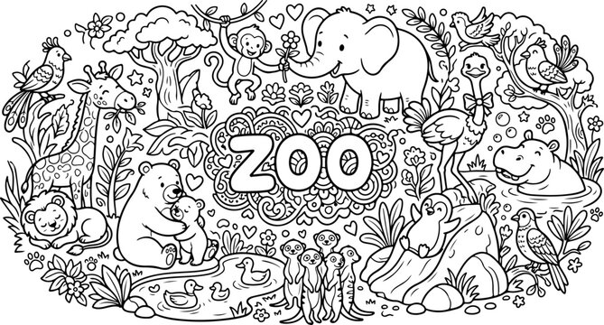 Cartoon-Umrisse von Zootieren, handgezeichnete Linienkunst-Illustration, Doodle-Kunst-Malvorlage f&uuml;r Kinder