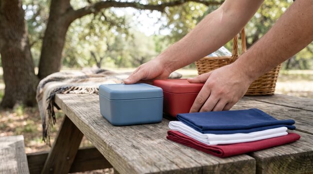 Outdoor picnic setup with hands arranging items on a weathered wooden bench unde