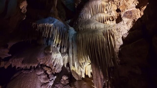 Scenic sparkling cavern formations glisten deep inside Crystal Cave in Sequoia National Park